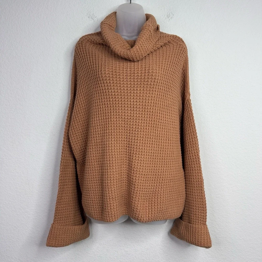 Free People Sweater Womens M Brown Park City Waffle Knit Cowl‎ Boho Minimalist